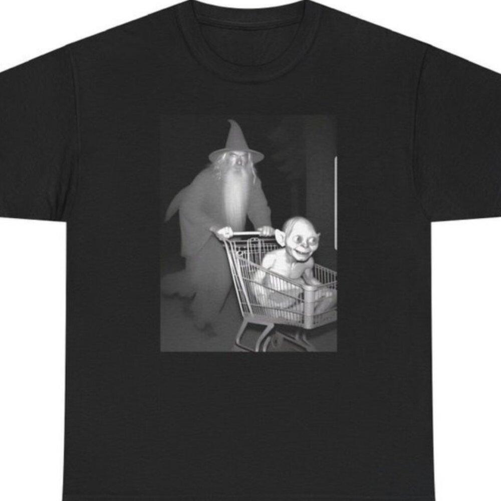 Gandalf Pushing Gollum In Shopping Cart Humor Lotr Retro Meme T-Shirt